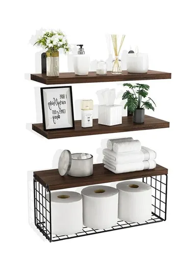 Wall Mounted Suspended Partition Wooden Board Iron Wire Basket Bathroom Living Room Storage Rack - Dark Wood Color