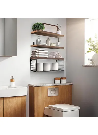 Wall Mounted Suspended Partition Wooden Board Iron Wire Basket Bathroom Living Room Storage Rack - White