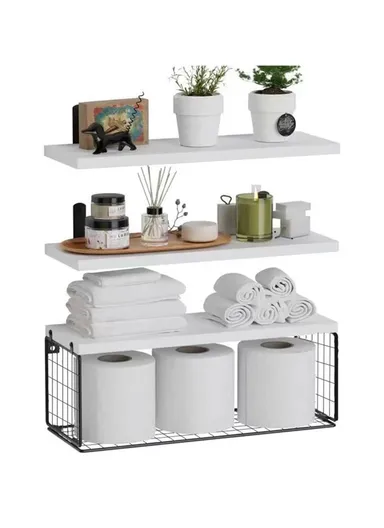 Wall Mounted Suspended Partition Wooden Board Iron Wire Basket Bathroom Living Room Storage Rack - White