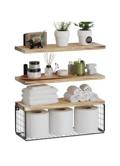 Wall Mounted Suspended Partition Wooden Board Iron Wire Basket Bathroom Living Room Storage Rack - Light Wood Color