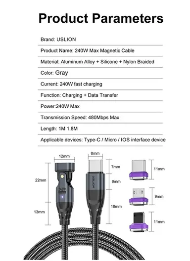 1m 240W 180-Degree Rotatable Connector Data Cable Magnetic Charging Cable US0203 - USB-C To USB-C