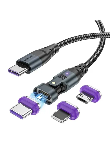 1m 240W Type-C to iP / Type-C / Micro Rotatable Connector Magnetic Charging Cable Data Cable US0203 