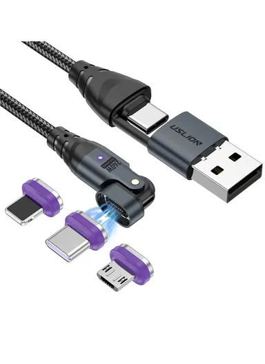 1m 240W USB / Type-C to Type-C / Micro / iP Cable Rotatable Magnetic Charging Cable US0204 