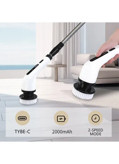 2000mAh Long Handle Electric Spin Brush Cordless Shower Scrubber with 9 Replacement Heads - White
