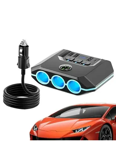 3 USB + 1 Type-C Car Charger 3 Cigarette Lighter Sockets Charging Adapter - Black