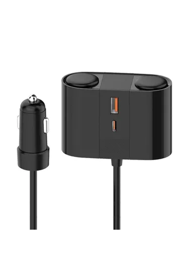S-46 45W Car Charger 2 Cigarette Lighter Sockets USB+Type-C Phone Charging Adapter - Black