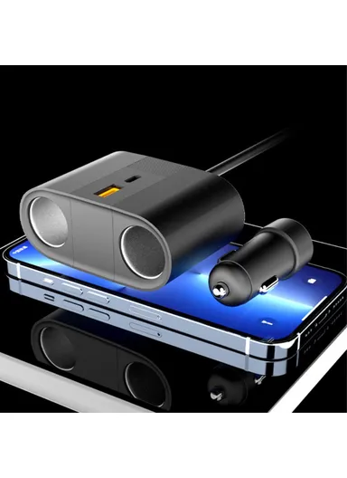 S-46 45W Car Charger 2 Cigarette Lighter Sockets USB+Type-C Phone Charging Adapter - Black