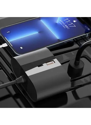 S-46 45W Car Charger 2 Cigarette Lighter Sockets USB+Type-C Phone Charging Adapter - Black