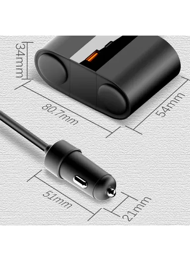 S-46 45W Car Charger 2 Cigarette Lighter Sockets USB+Type-C Phone Charging Adapter - Black