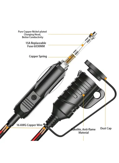 3.6m 12V / 24V Car Cigarette Lighter Extension Cord Male Plug to Female Socket 16AWG Extender Cable with 15A Fuse TR-29