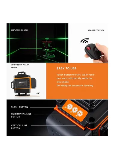 3000mAh Laser Level Self Leveling Green Cross 16 Lines Laser Level 4D Rechargeable Lazer Level for Picture Hanging Home Wall Tile - Orange / EU Plug