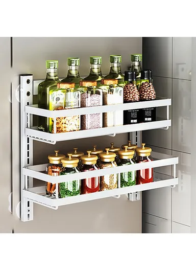 2 Tier Drill Free Wall Mounted Storage Rack Carbon Steel Kitchen Spice Organizer Shelf - White