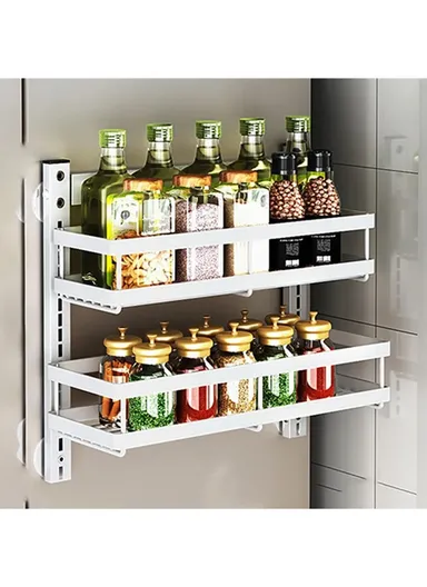 2 Tier Drill Free Wall Mounted Storage Rack Carbon Steel Kitchen Spice Organizer Shelf - White