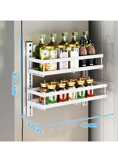 2 Tier Drill Free Wall Mounted Storage Rack Carbon Steel Kitchen Spice Organizer Shelf - White