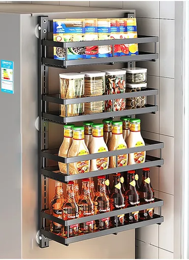 4 Tier Drill Free Wall Mounted Storage Rack Carbon Steel Kitchen Spice Organizer Shelf - Black