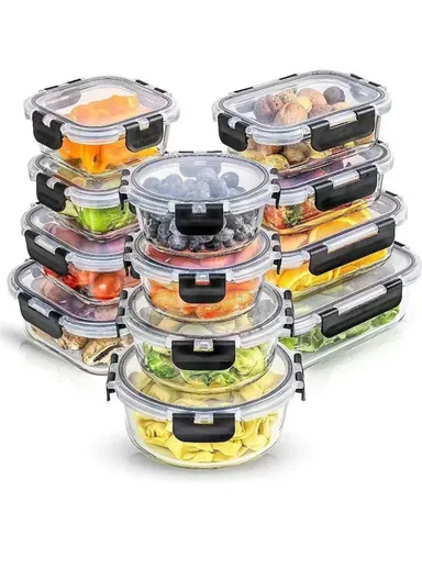 24Pcs Microwave Oven Food Storage Containers Set Borosilicate Glass Fresh Keeping Box - Black