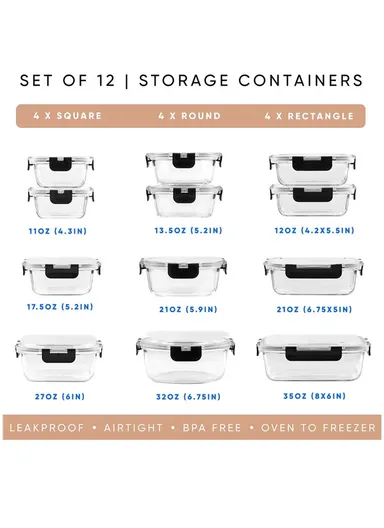 24Pcs Microwave Oven Food Storage Containers Set Borosilicate Glass Fresh Keeping Box - Black