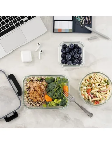 24Pcs Microwave Oven Food Storage Containers Set Borosilicate Glass Fresh Keeping Box - Black