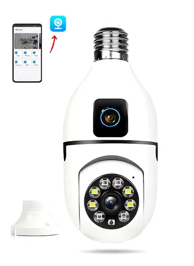 Two-Screen 2.0MP+2.0MP Dual-Lens WiFi IP PTZ Camera, E27 Dual-Eye Camera With Color Night Vision, 2-Way Talk, Motion Tracking (App: V380) (E27A1)