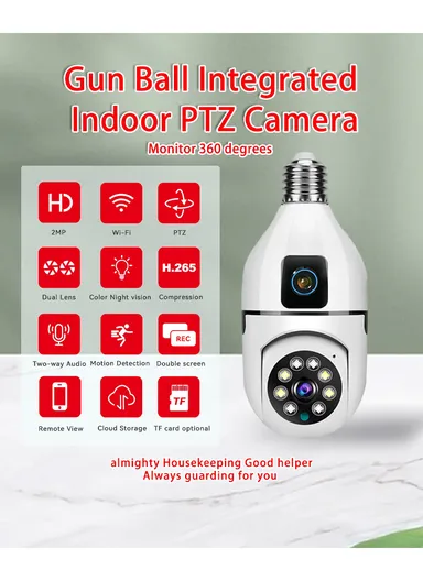 Two-Screen 2.0MP+2.0MP Dual-Lens WiFi IP PTZ Camera, E27 Dual-Eye Camera With Color Night Vision, 2-Way Talk, Motion Tracking (App: V380) (E27A1)
