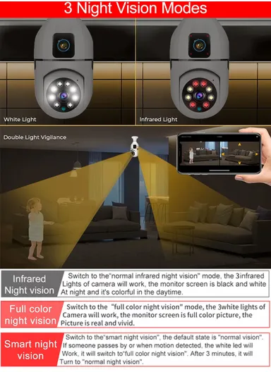 Two-Screen 2.0MP+2.0MP Dual-Lens WiFi IP PTZ Camera, E27 Dual-Eye Camera With Color Night Vision, 2-Way Talk, Motion Tracking (App: V380) (E27A1)