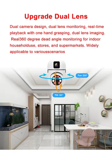 Two-Screen 2.0MP+2.0MP Dual-Lens WiFi IP PTZ Camera, E27 Dual-Eye Camera With Color Night Vision, 2-Way Talk, Motion Tracking (App: V380) (E27A1)