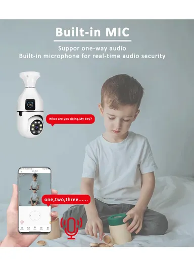 Two-Screen 2.0MP+2.0MP Dual-Lens WiFi IP PTZ Camera, E27 Dual-Eye Camera With Color Night Vision, 2-Way Talk, Motion Tracking (App: V380) (E27A1)