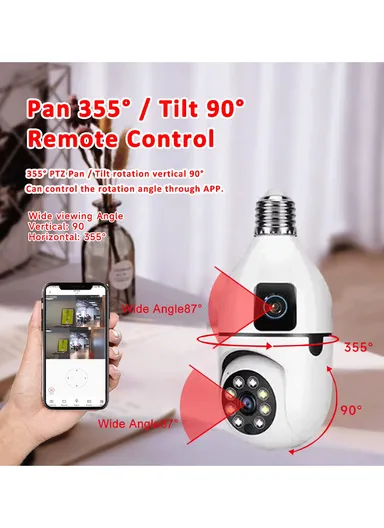 Two-Screen 2.0MP+2.0MP Dual-Lens WiFi IP PTZ Camera, E27 Dual-Eye Camera With Color Night Vision, 2-Way Talk, Motion Tracking (App: V380) (E27A1)