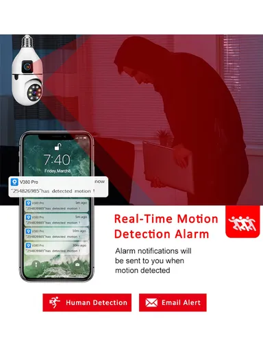 Two-Screen 2.0MP+2.0MP Dual-Lens WiFi IP PTZ Camera, E27 Dual-Eye Camera With Color Night Vision, 2-Way Talk, Motion Tracking (App: V380) (E27A1)