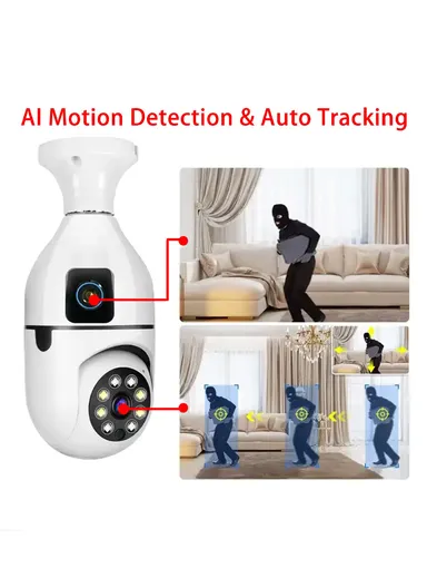 Two-Screen 2.0MP+2.0MP Dual-Lens WiFi IP PTZ Camera, E27 Dual-Eye Camera With Color Night Vision, 2-Way Talk, Motion Tracking (App: V380) (E27A1)