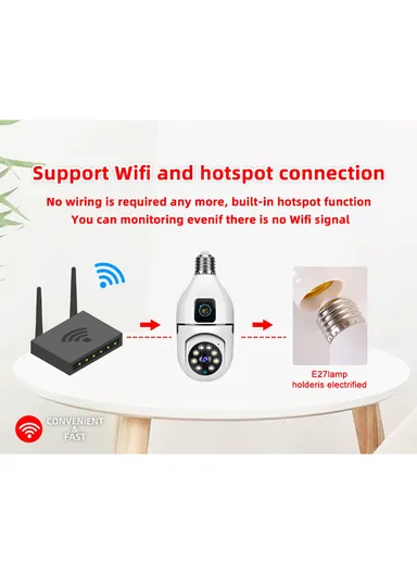 Two-Screen 2.0MP+2.0MP Dual-Lens WiFi IP PTZ Camera, E27 Dual-Eye Camera With Color Night Vision, 2-Way Talk, Motion Tracking (App: V380) (E27A1)