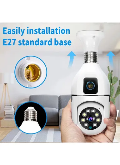 Two-Screen 2.0MP+2.0MP Dual-Lens WiFi IP PTZ Camera, E27 Dual-Eye Camera With Color Night Vision, 2-Way Talk, Motion Tracking (App: V380) (E27A1)