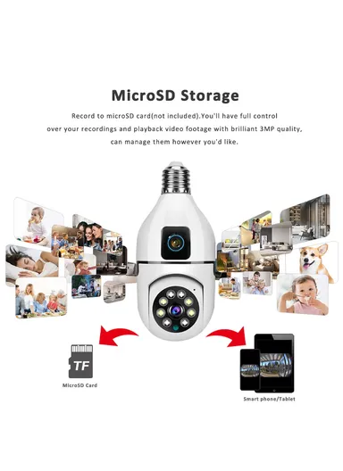 Two-Screen 2.0MP+2.0MP Dual-Lens WiFi IP PTZ Camera, E27 Dual-Eye Camera With Color Night Vision, 2-Way Talk, Motion Tracking (App: V380) (E27A1)