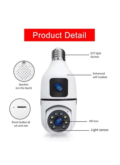Two-Screen 2.0MP+2.0MP Dual-Lens WiFi IP PTZ Camera, E27 Dual-Eye Camera With Color Night Vision, 2-Way Talk, Motion Tracking (App: V380) (E27A1)