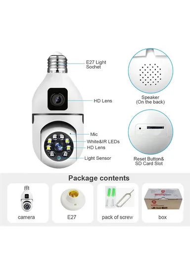 Two-Screen 2.0MP+2.0MP Dual-Lens WiFi IP PTZ Camera, E27 Dual-Eye Camera With Color Night Vision, 2-Way Talk, Motion Tracking (App: V380) (E27A1)