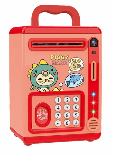 Children Piggy Bank Toy Fingerprint Face Recognition &amp; Password Protection With Music Sound Paper Money Treasure Box Educational Toys (L14 x W14 x H19)cm - Red