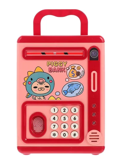 Children Piggy Bank Toy Fingerprint Face Recognition &amp; Password Protection With Music Sound Paper Money Treasure Box Educational Toys (L14 x W14 x H19)cm - Red