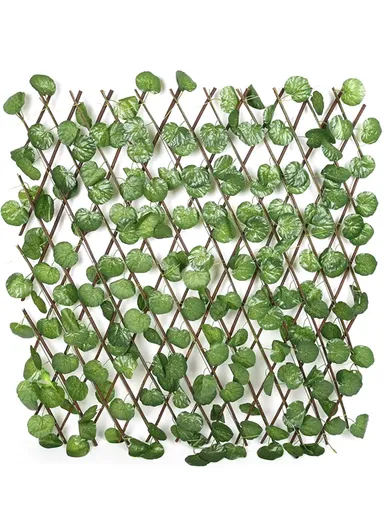 2.8m Expandable Trellis Fence, Retractable Wooden Hedge With Artificial Green Radish Leaves For Indoor &amp; Outdoor