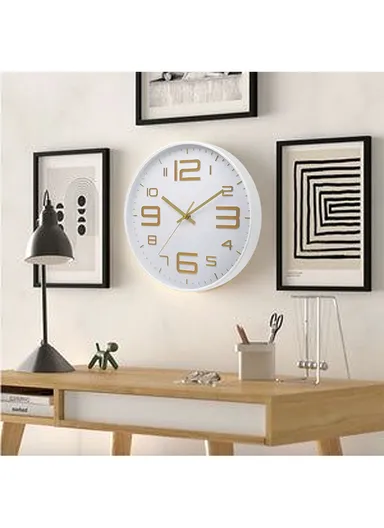 25cm Decorative Round Wall Clock Non-Ticking Battery Operated For Home, Office &amp; School - White