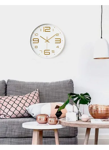 25cm Decorative Round Wall Clock Non-Ticking Battery Operated For Home, Office &amp; School - White