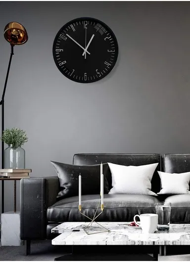 30cm Modern &amp; Stylish Wall Clock Elegant Plastic Frame, Battery Operated 6001BHY - Black &amp; Silver