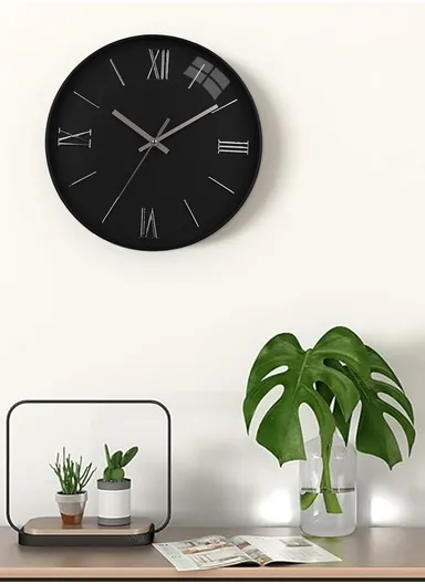 30cm Modern &amp; Stylish Wall Clock Elegant Plastic Frame, Battery Operated, Ideal for Home &amp; Office Decor 6001CHM - Black &amp; Silver