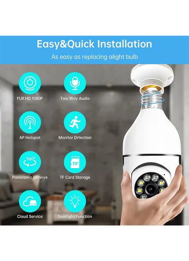 3.0MP WiFi IP PTZ Camera, E27 Camera With Color Night Vision, 2-Way Talk, Motion Tracking &amp; Picture Push (App: V380 Pro) (E27-L3)