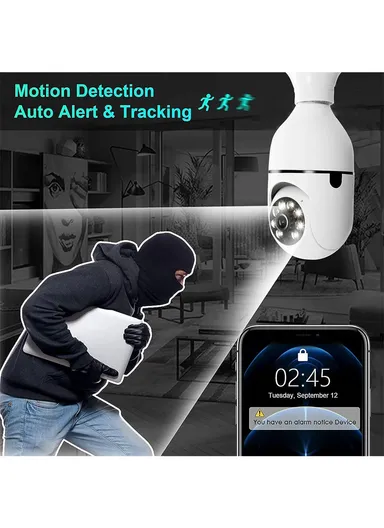 3.0MP WiFi IP PTZ Camera, E27 Camera With Color Night Vision, 2-Way Talk, Motion Tracking &amp; Picture Push (App: V380 Pro) (E27-L3)