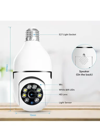 3.0MP WiFi IP PTZ Camera, E27 Camera With Color Night Vision, 2-Way Talk, Motion Tracking &amp; Picture Push (App: V380 Pro) (E27-L3)
