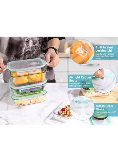 3-Pcs 410ML /680ML /1040ML Rectangle Glass Food Container Set With Air Hole AirTight Lids