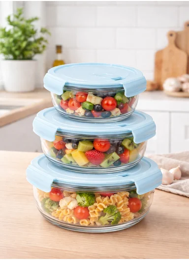 3-Pieces Heat-Resistant Round Borosilicate Glass Food Storage Containers Set - Blue