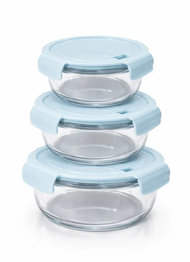3-Pieces Heat-Resistant Round Borosilicate Glass Food Storage Containers Set - Blue