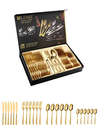 24 Pcs Cutlery Set Knives Forks Spoons For Home &amp; Restaurant - Gold