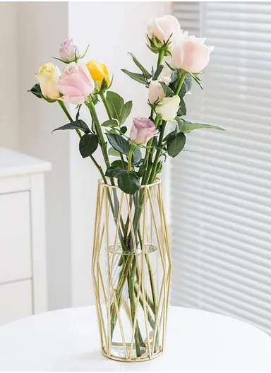 Desk Decorative Transparent Glass Vase Geometric Hydroponic Vase With Iron Frame (W13 x H23)cm - Gold
